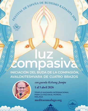 Cartel del Festival de España de Budismo Kadampa 2026 en Málaga: Luz Compasiva, con guenla Kelsang Jampa del 1 al 5 de abril.